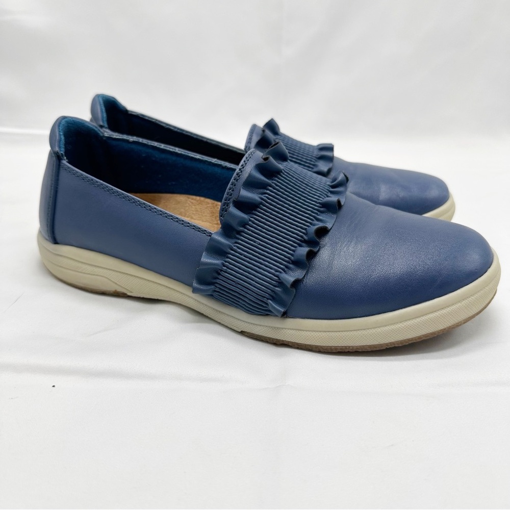 Earth Origins Ellis Shoes Womens Blue Leather Ruffle Casual Comfort Slip On 7.5